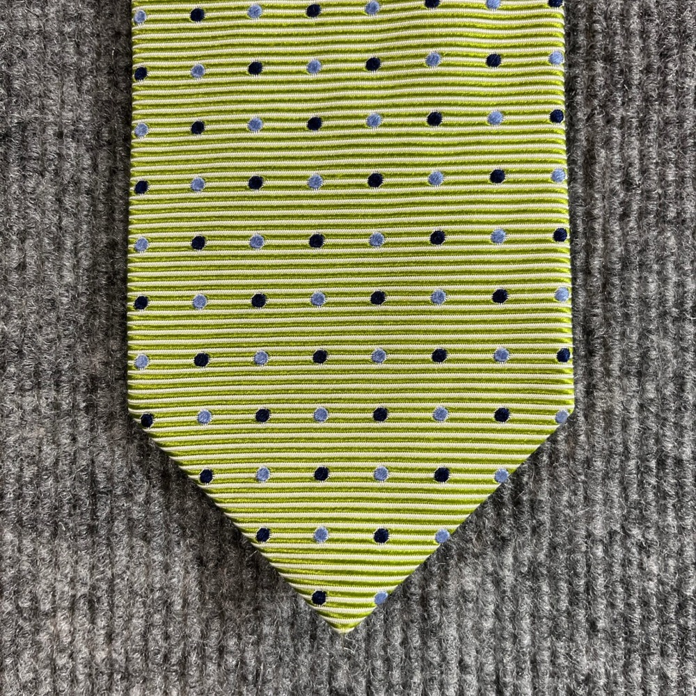 Kolte Italy Mens Silk Tie Lime Green Blue Polka Dot Ribbed Texture Made in Italy